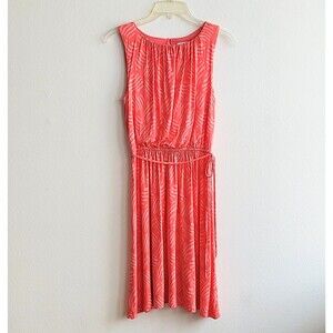 Ann Taylor Loft Dress Coral Orange Leaf Print Sleeveless Soft Stretch Tie XS